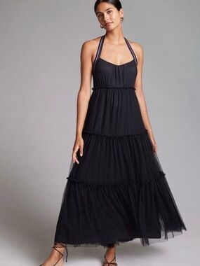 Anthropologie Black Halter Tiered Tulle Maxi Dress